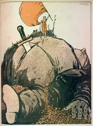 Het Beest (Kapitalisme): Het is pas wanneer men dit beest heeft gedood dat de Echte Sociale Waarheid aan het licht komt, gegraveerd door de kunstenaar uit 